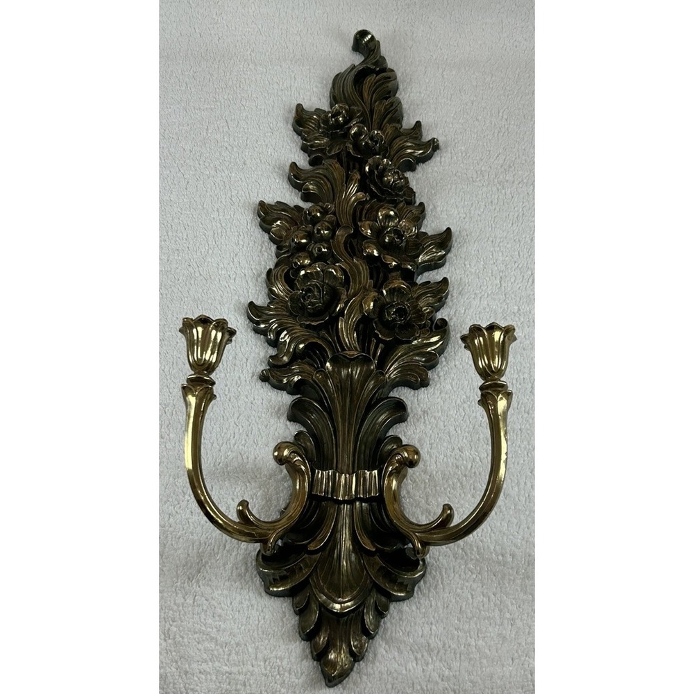 Vintage Syroco #4133 Wall Sconce Two Candle Holders Gold Hollywood Regency USA